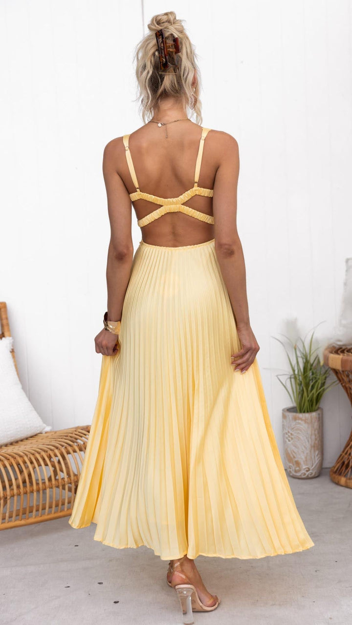 Aby - Maxi-robe jaune plissée décolletée en V